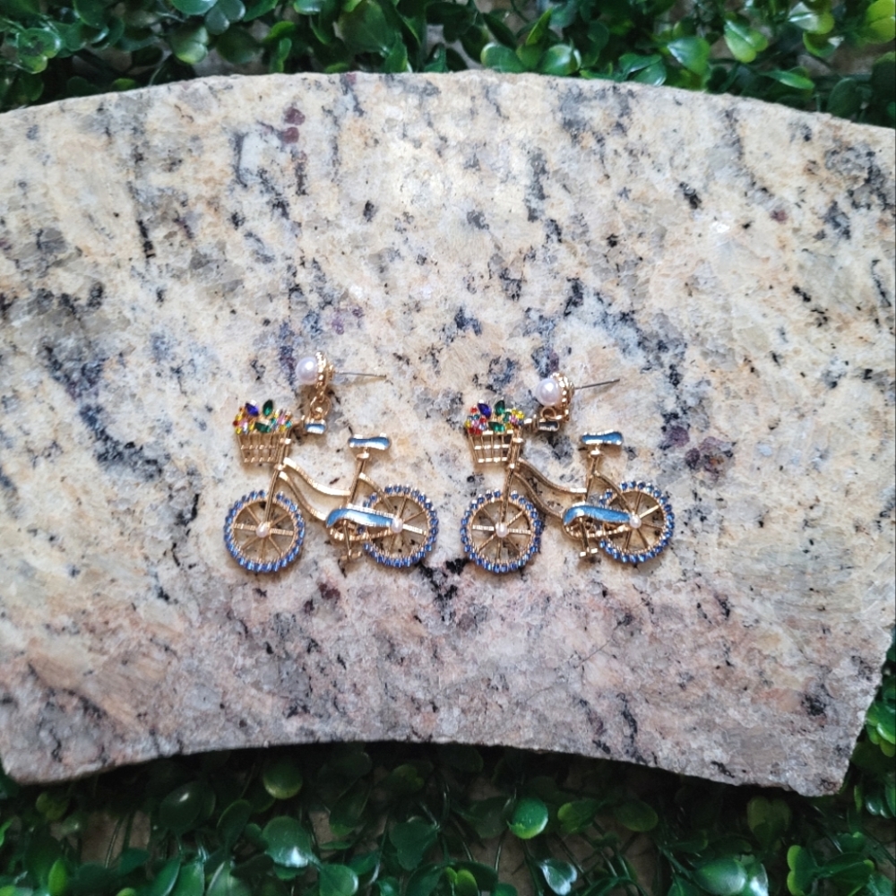 Blue & Gold Bike Rhinestone Earring✨️ - Picture 4 of 7